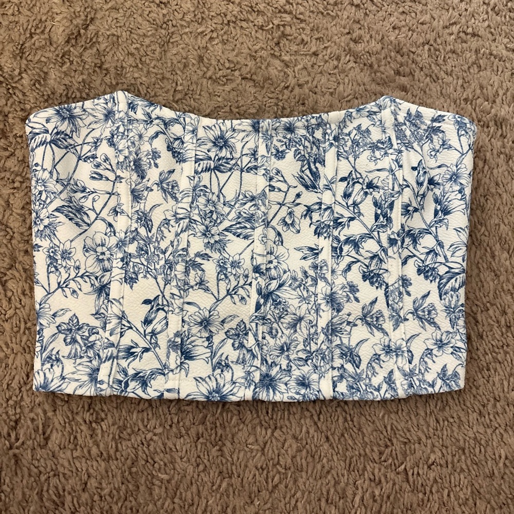 Floral Blue and White Bustier Top